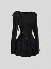 Sweetra Petite Women's Elegant Off-Shoulder Bow Mini Dress, Suitable For Party, Formal Occasions, Commute And Daily Wear, Glossy Black Fabric - Black - View 1