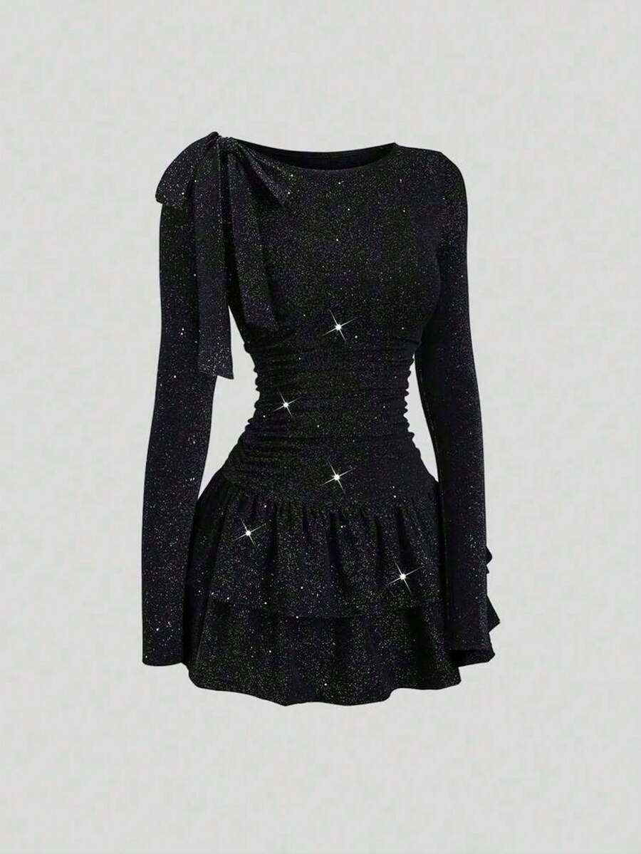 Sweetra Petite Women's Elegant Off-Shoulder Bow Mini Dress, Suitable For Party, Formal Occasions, Commute And Daily Wear, Glossy Black Fabric - Black - View 1