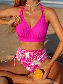 Swim Vcay Multicolor Fabric Bikini Set For Women Featuring Tropical Print Sleeveless V Neck Top And High Waist Lace Up Bottom - Multicolor - View 1
