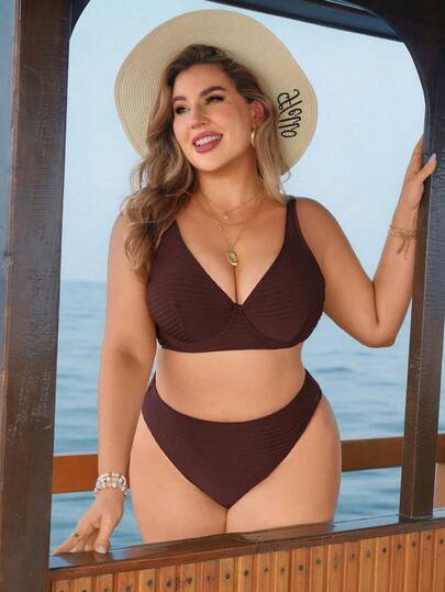 Swim Lushoire Conjunto de traje de baño elegante a rayas y texturizado para mujer de talla grande, cómodo y con soporte, adecuado para vacaciones en la playa, color marrón