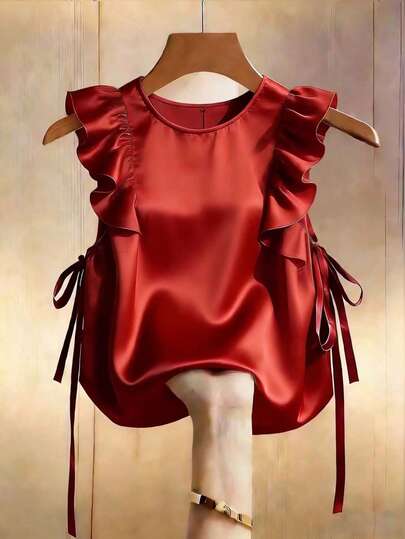 EMERY ROSE Women's Solid Color Ruffle Collar Knot Front Casual Fashion Blouse