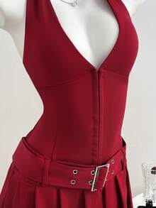 Elamini Women's V-Neck Casual Pleated Dress With Belt Deep V Neck Dress Dress Red Built In Bra Dress Dress Top Collar Dress - Red - View 6