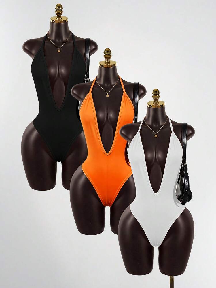 SaltGleam SaltGleam Conjunto de 3 piezas de body con escote profundo en V y espalda descubierta, estilo halter, para mujer. Adecuado para uso diario y vacaciones - Multicolor - Añade 2