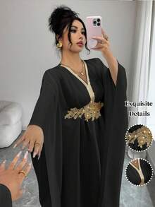 SHEIN Elenzya 金色滚边装饰优雅收腰修身中长连衣裙 - 黑色 - 查看 3