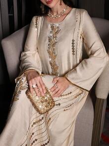 Layrah Vestido elegante de manga larga acampanada con cuello redondo, bordado y con cuentas, para primavera/verano - Albaricoque - Ver 4