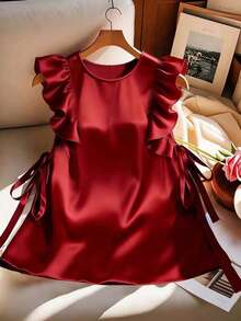 EMERY ROSE 女士纯色荷叶边领结前襟休闲时尚衬衫 - 紅色 - 查看 3