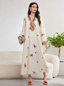 Yasmyna Women's Spring/Summer Woven Textured Printed Long Sleeve Embroidered Collar Elegant Arabic Dress - Multicolor - View 5