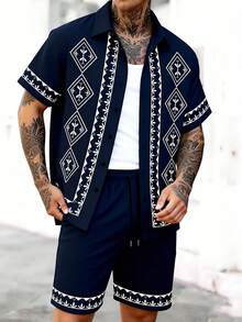 Manfinity RSRT Bộ áo sơ mi ngắn tay cài cúc phía trước in họa tiết hình học và quần short nam, trang phục mùa hè thường ngày cho nam, bộ đồ hai mảnh mùa hè cho nam, bộ đồ ngắn thường ngày cho nam, trang phục mùa hè châu Âu cho nam, bộ đồ hai mảnh từ xuân đến hè, trang phục nghỉ hè cho nam, trang phục đi chơi, bộ đồ hai mảnh quần short cho nam, trang phục mùa xuân đến hè. - Nhiều màu - Xem 5