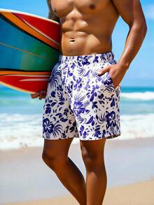 Manfinity KASUA Men's Floral Print Drawstring Waist Pocket Beach Shorts - Royal Blue - View 5