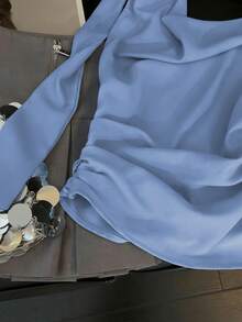 GlowEve Women's Casual Elegant Asymmetric Strap Blouse With Ruffle Shoulder, Suitable For Commute, Vacation, Afternoon Tea, Valentine's Day, Wedding Party - Baby Blue - View 4