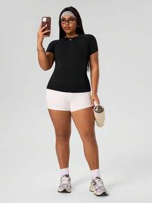 Rhythm Era Plus Size Sport Casual Solid Color Seamless Short Sleeve Sport T-Shirt Compression Shirt Fitted Shirt Gym Women Shirts Work Out Plus Size Workout Top Plus Size Active Top Weight Loss Plus Size Sports Top Workout Tops Curve Plus Size Gym Top Plus Size Workout Tops - Black - View 7