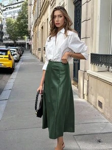 Pariaura 女士绿色皮革拉链A字裙，适合万圣节派对、婚礼宾客等场合，优雅百搭，冬季外出穿着，适合秋冬季节、圣诞节等各种场合，时尚别致，休闲百搭，棕色裙子，适合圣诞节、万圣节等各种场合。 - 墨綠色 - 查看 6