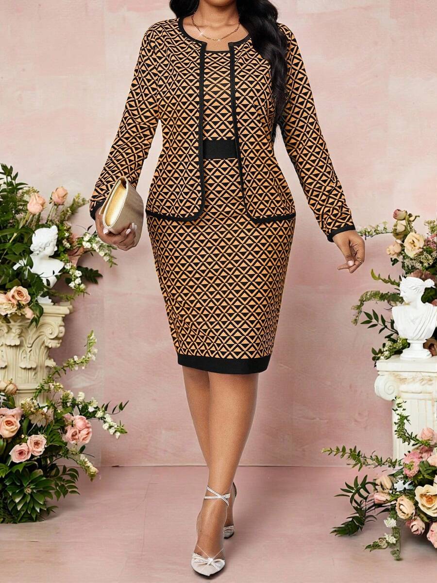Fleurora Bộ 2 món áo khoác cardigan tay dài họa tiết hình học và váy ôm sát dành cho nữ cỡ lớn, thanh lịch - trái cam - Xem 1