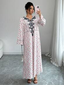 Yasmyna 女士宽松印花长袖阿拉伯连衣裙 - 粉色 - 查看 3