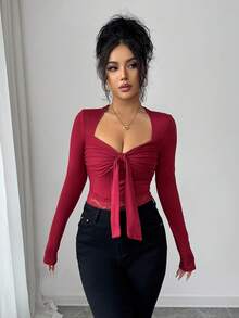 Rafferiza Élégant T-shirt à manches longues avec nœud papillon, kaki - Rouge foncé - Voir 4