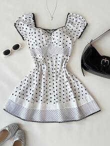 Elamini Women's Polka Dot Print Casual Short Sleeve Dress White Polka Dot Dress Polkadot Dress Mini Dress Summer Dress Cute Dress - Black and White - View 4