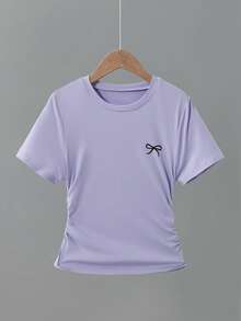 Sparklyn 3件装女童蝴蝶结印花腰部短袖T恤，灰色、粉色和黑色 - 紫色 - 查看 3