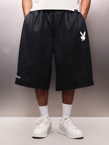PLAYBOY X SUMWON Pantalones cortos de baloncesto y streetwear con cintura con cordón, ajuste holgado y por encima de la rodilla, con logo de conejo - Negro - Ver 4