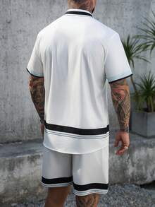 Manfinity CasualCool 男士撞色 Polo 领单排扣短袖衬衫上衣和短裤休闲日常穿搭 - 彩色 - 查看 2