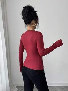 Rafferiza Élégant T-shirt à manches longues avec nœud papillon, kaki - Rouge foncé - Voir 2
