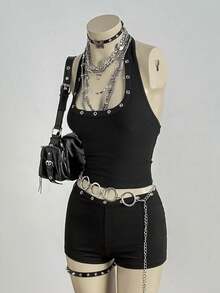 SHEIN DivaQ 女士金属孔眼吊带露脐上衣和短裤两件套 - 黑色 - 查看 3