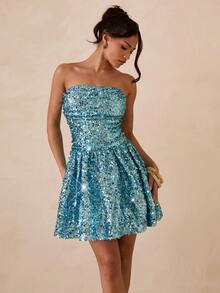 Glamine 女士亮片连衣裙、黑色连衣裙、无肩带连衣裙、时尚明星同款A字迷你连衣裙、派对鸡尾酒裙 - 藍色 - 查看 5