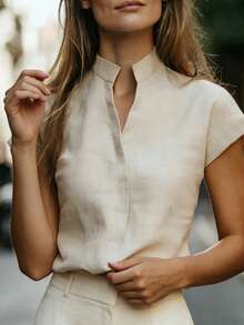 Balvessa Áo sơ mi nữ tay ngắn cổ đứng chất liệu giả vải lanh, đa năng và tôn dáng. - Màu be - Xem 3