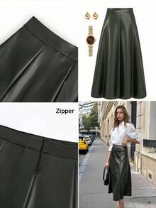 Pariaura 女士军绿色皮革拉链A字裙，适合万圣节派对、婚礼宾客等场合，优雅百搭，冬季外出穿着，适合秋冬季节、圣诞节等各种场合，时尚别致，休闲百搭，棕色系，适合圣诞节、万圣节等各种场合。 - 軍綠色 - 查看 7