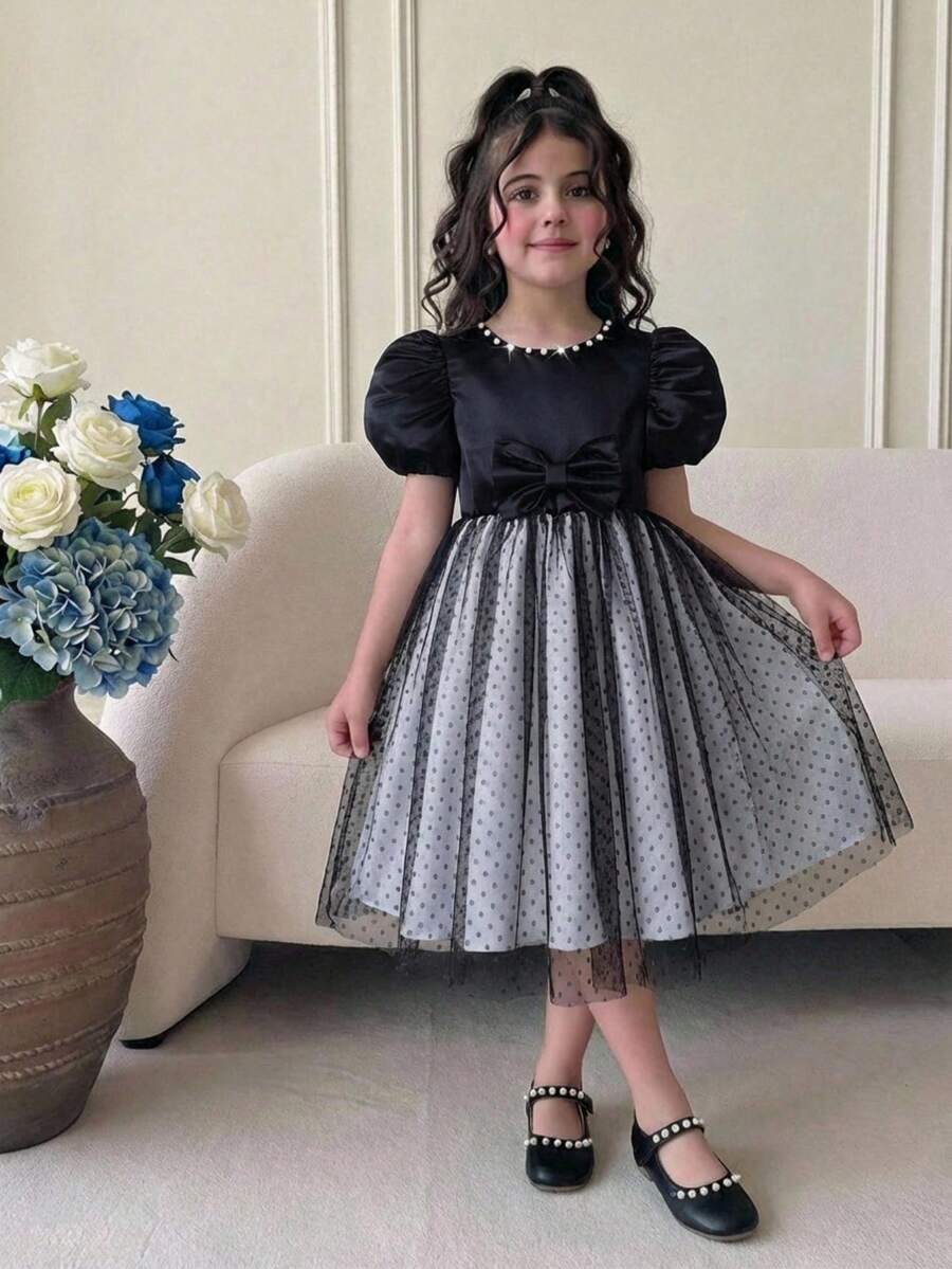 Girls' Tulle Princess Dress With Bow & Beaded Decor, Suitable For Birthday Party, Ball, Stage Performance, Fashion Show, Daily Wear - Black - View 1