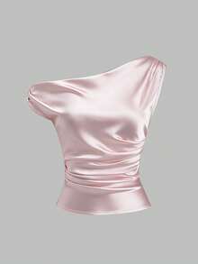 Sweetra 春夏新款法式不对称肩部设计修身褶裥缎面女士粉色衬衫，适合日常休闲穿着、派对、宴会等场合。 - 粉色 - 查看 3