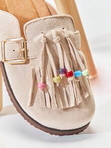 Mini mi Girl's Tassel & Bead Decor Soft-Footbed Suede Sand Clog Mules–Cute, Cozy & Comfortable Lightweight EVA Outsole - Beige - View 6