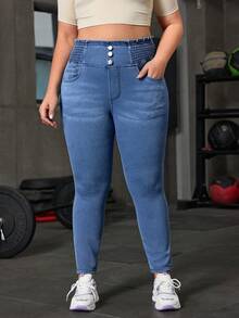 Flexra Quần jean denim co giãn dáng ôm vừa vặn, cạp cao, thoải mái dành cho nữ cỡ lớn - Rửa trung bình - Xem 5