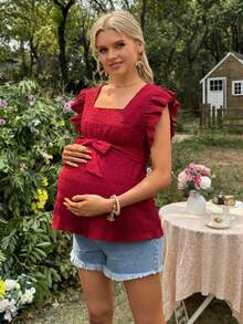 SHEIN Solid Color Textured Fabric Ruffle Sleeve Tie Bow Maternity Blouse - Burgundy - View 3