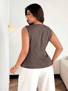 Easura Áo sơ mi nữ cỡ lớn màu trơn, trang trí kim loại, xếp ly, kiểu dáng thường ngày, đa năng. - Cà phê nâu - Xem 2