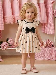 SHEIN Đầm bé gái màu mơ và chấm bi đen với nơ trang trí dễ thương. - Màu be - Xem 8