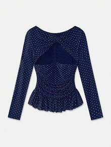 lacRébo 波点印花网纱长袖上衣，荷叶边下摆，复古风晚宴派对秋冬装 - 藍色 - 查看 8