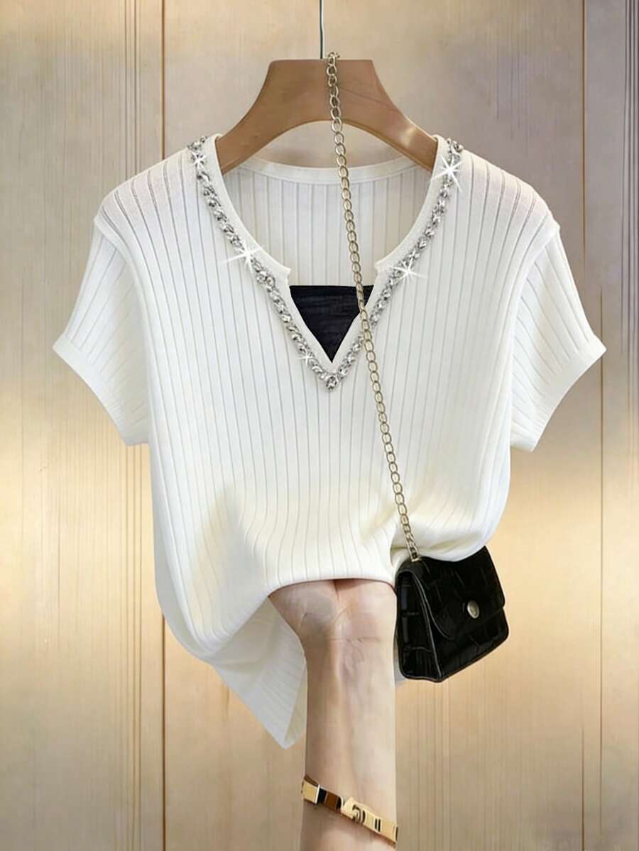 GlowEve Camiseta de manga corta acanalada con adornos de strass 2 en 1 casual para mujer, verano - Blanco - Ver 1