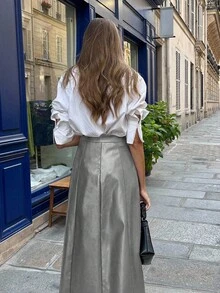 Pariaura 女士灰色PU皮革拉链A字裙，适合万圣节派对、婚礼宾客等场合，优雅百搭，冬季外出穿着，适合秋冬季节、圣诞节等各种场合，时尚别致，休闲百搭，棕色系，适合圣诞节、万圣节等各种场合。 - 灰色 - 查看 2