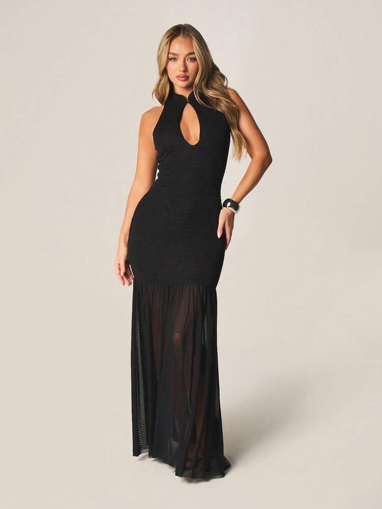 MISSGUIDED Vestido Longo Formal de Festa Feminino com Decote em Halter, Decote Profundo, Detalhe em Tule, Franzido e Sem Mangas