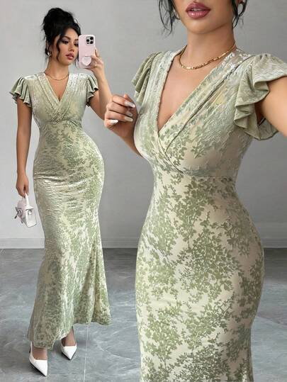 Rafferiza Vestido midi de manga larga, cuello drapeado y ajustado de terciopelo con efecto quemado para mujer, primavera/verano