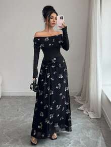 Modelyn 女士优雅无肩带印花上衣和高腰喇叭印花裙两件套 - 彩色 - 查看 1