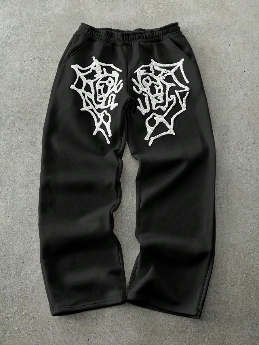 PAVTROS Quần nỉ nam phong cách đường phố phổ biến của INS, thêu họa tiết mạng nhện và trái tim, chất liệu vải mềm mại, dáng rộng, màu hồng, món quà lý tưởng cho bạn trai/chồng, quà kỷ niệm. - màu đen - Xem 1