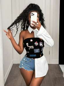 BamGleam Women's Letter Print Dropped Shoulder Long Sleeve Fashion Shirt, Summer - Black and White - View 6