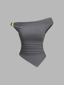 Sweetra 女士夏季欧美时尚纯色三件套，金属装饰扭结下摆不对称下摆修身休闲通勤百搭T恤 - 彩色 - 查看 3