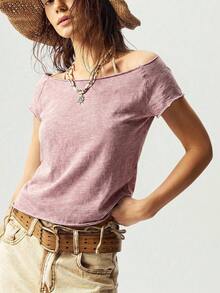 Bohemela Áo thun nữ cổ thuyền, màu trơn, dáng ôm, chất liệu dệt kim, đã qua xử lý giặt. - Màu Hồng  Dưa hấu - Xem 3