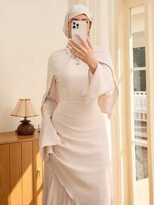 SHEIN Raffinéa 女士优雅圆领腰部褶皱不对称下摆褶皱连衣裙 - 杏色 - 查看 1