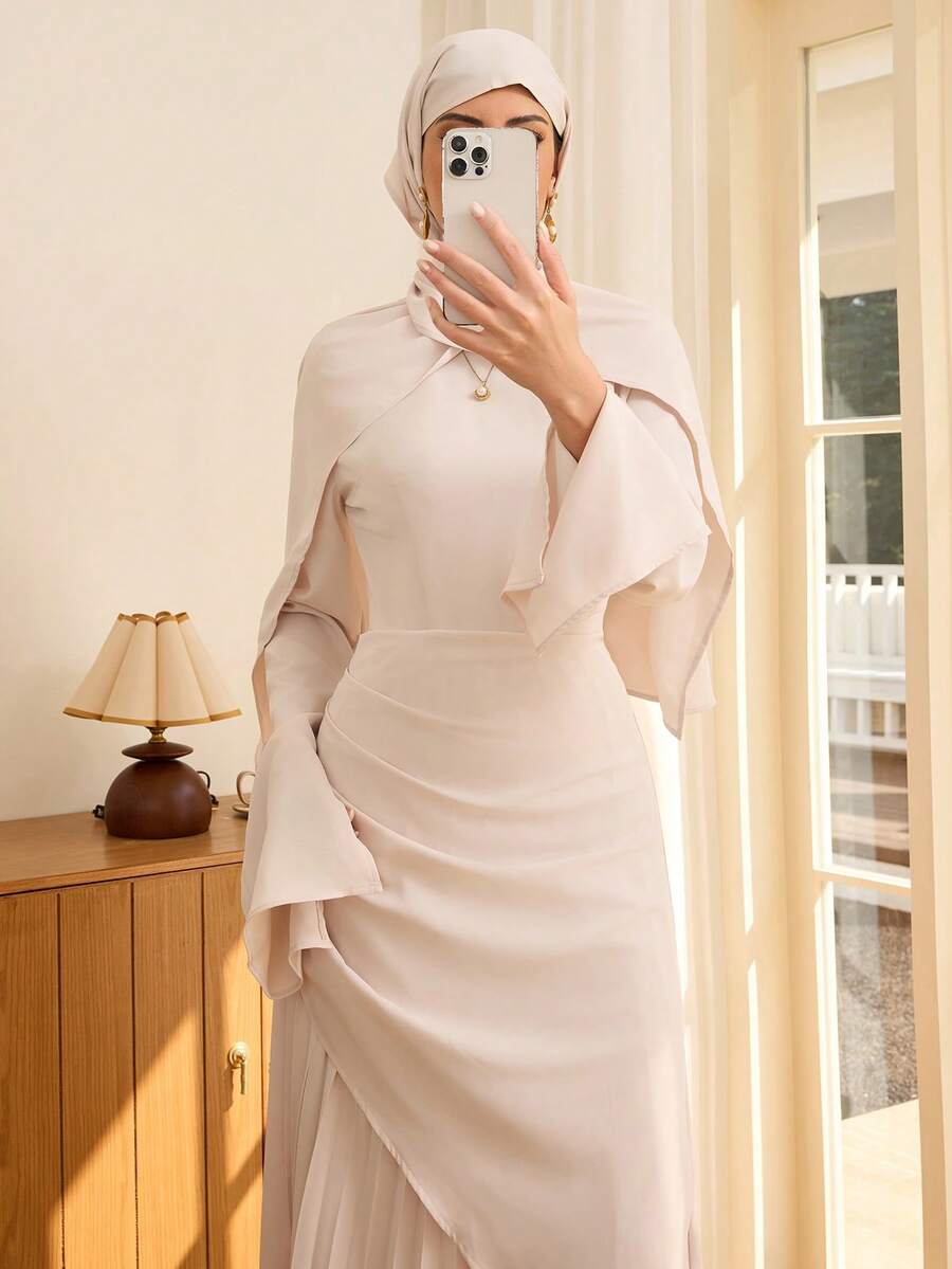 SHEIN Raffinéa 女士优雅圆领腰部褶皱不对称下摆褶皱连衣裙 - 杏色 - 查看 1