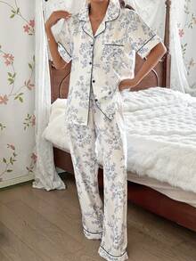 CottageSlumber Bộ đồ ngủ tay ngắn cài cúc phía trước, cổ ve áo, họa tiết hoa phối màu tương phản dành cho nữ. - Nhiều màu - Xem 6