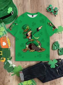 Manfinity Homme Men's St. Patrick's Day Romantic & Fun Pattern T-Shirt, Couple T-Shirt, Green Four-Leaf Clover, Suitable For Party, Unisex - Multicolor - View 3