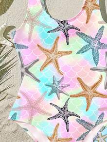 Tween Girls' Colorful Shell Print Pattern One-Piece Swimsuit, Casual & Minimalist Design, Suitable For Summer, Beach Trip, Summer Vacation, Pool Party, Summer Camp, - Multicolor - View 4